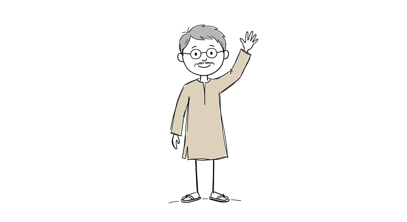 Hand-drawn Angad, a friendly uncle in glasses and a kurta, waving