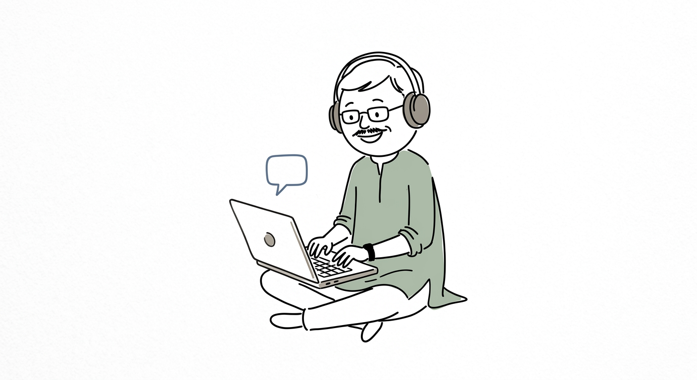 Hand-drawn uncle with headphones chatting on a laptop
