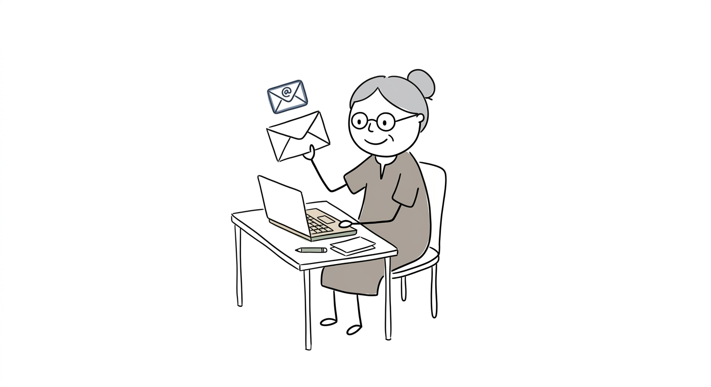Hand-drawn aunty at her laptop holding an envelope