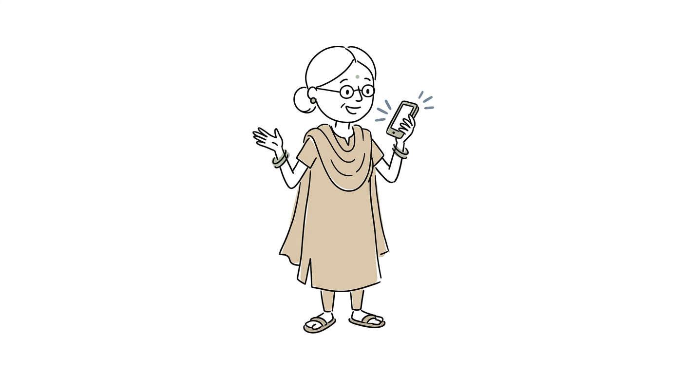 Hand-drawn aunty speaking into her phone